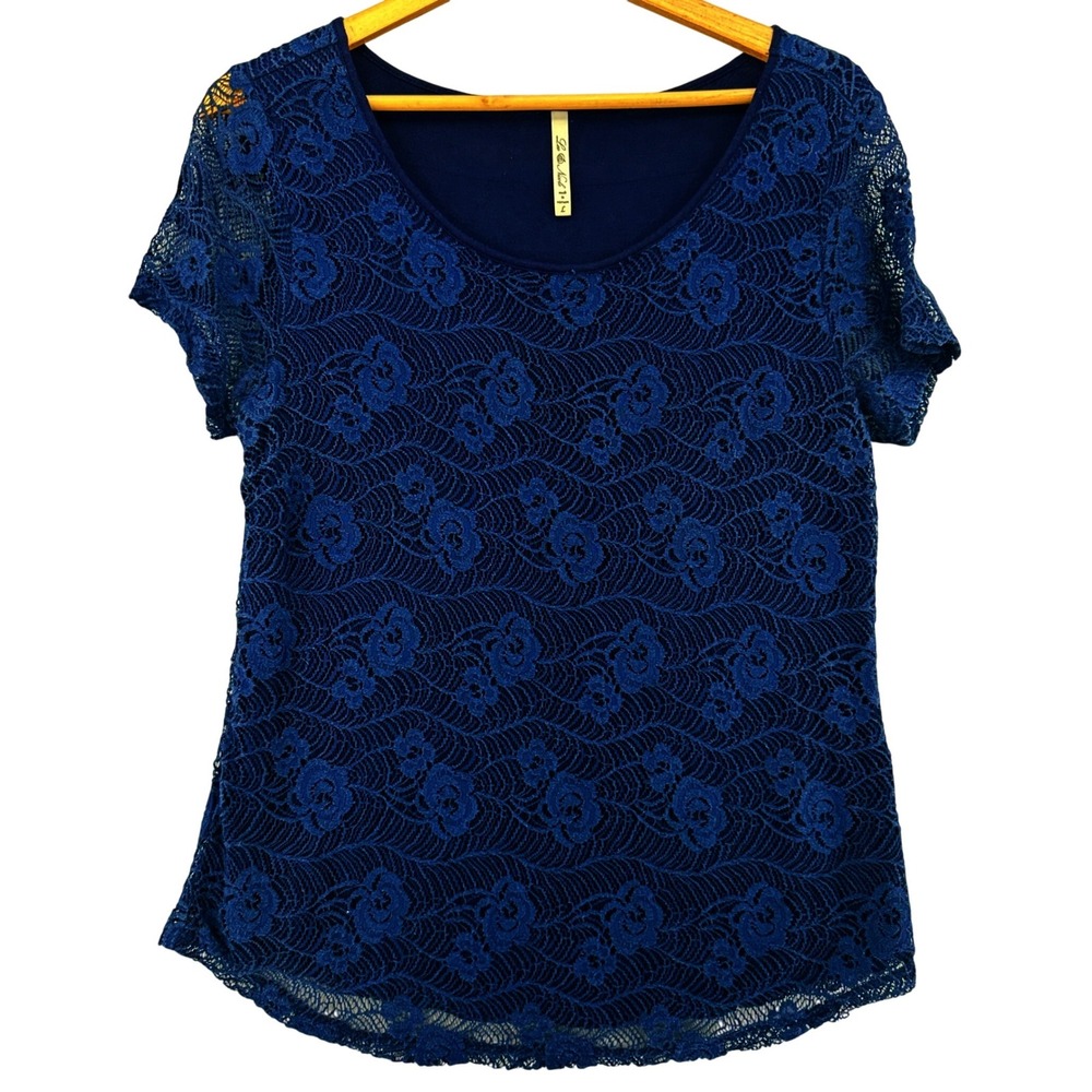 Y2K Lea & Nicole Navy Blue Floral Lace Overlay Short Sleeve Top SZ L Romantic